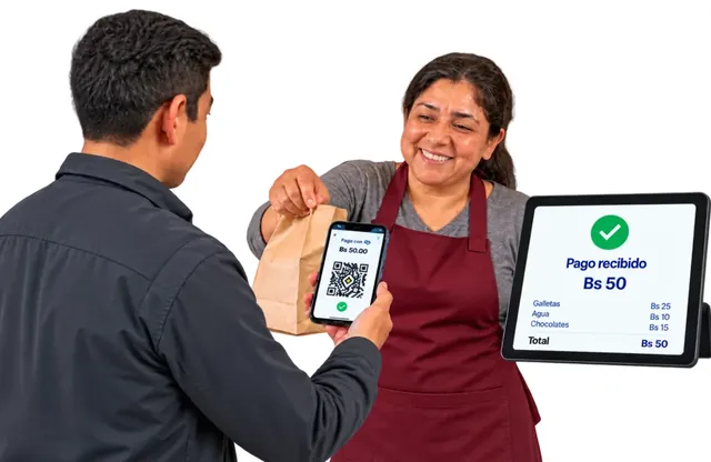 Una comerciante entrega un pedido mientras su pantalla muestra el pago recibido